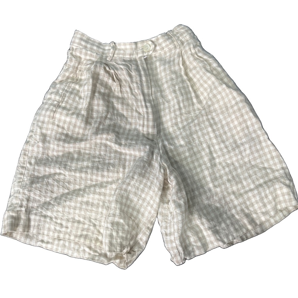 Breeches Shorts Womens 2 Beige Gingham Linen High Rise Pleated Front Wide Leg